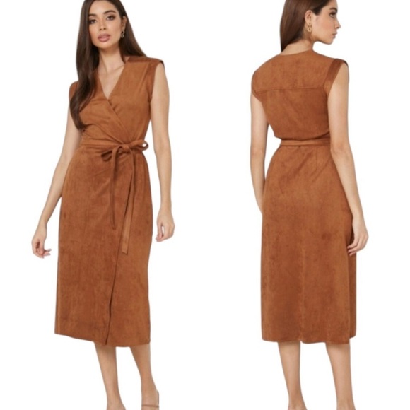 Brown sleeveless soft Faux suede midi wrap dress - Picture 1 of 3